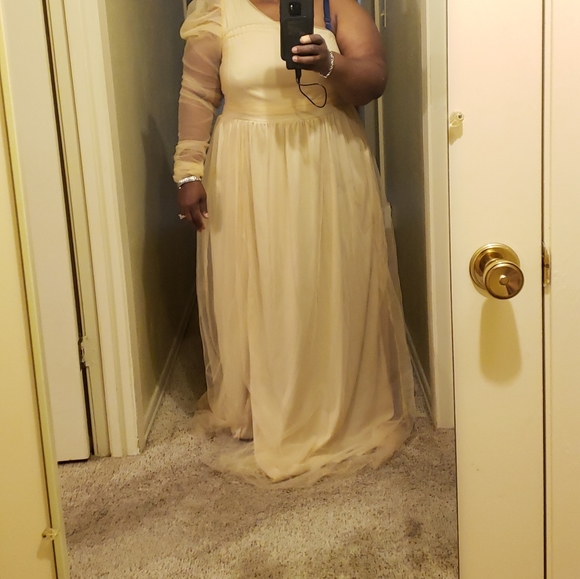 Single Sleeve Elegant Party Wedding Guests Bridesmaid Tulle Maxi Dress Gold - Picture 6 of 6